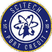 Circular Port Credit SciTech lighthouse and atom badge