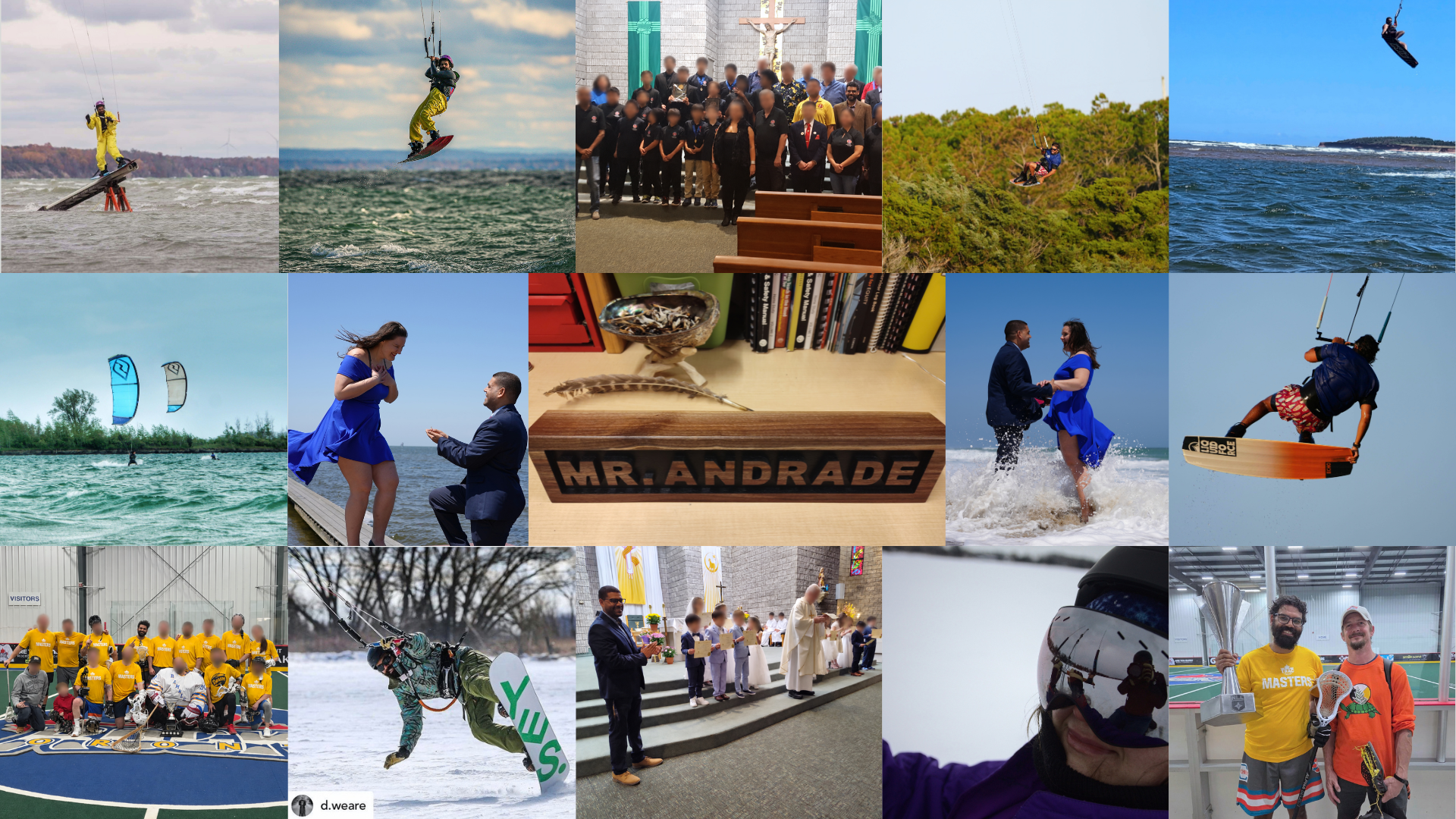 Collage of Andrew Andrade teaching, technology, sport, and community activities