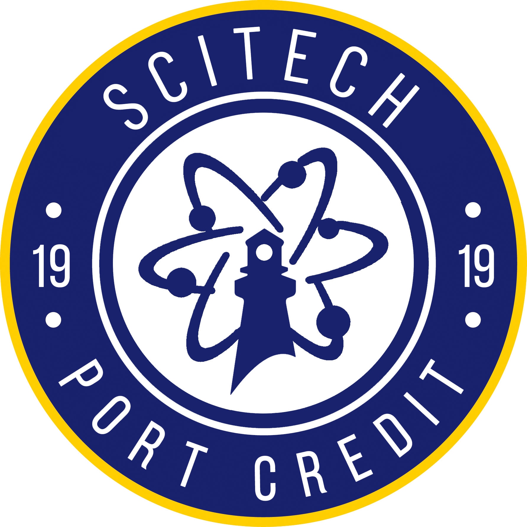 Circular Port Credit SciTech lighthouse and atom badge